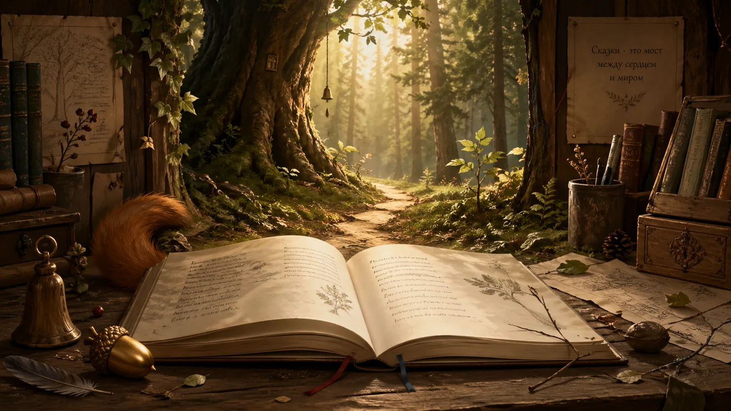 Открытая книга в лесном сказочном мире